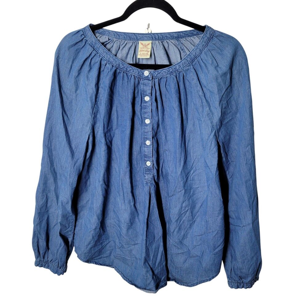 Faded Glory Womens Sz L Blue Solid Long Sleeve Denim Blouse